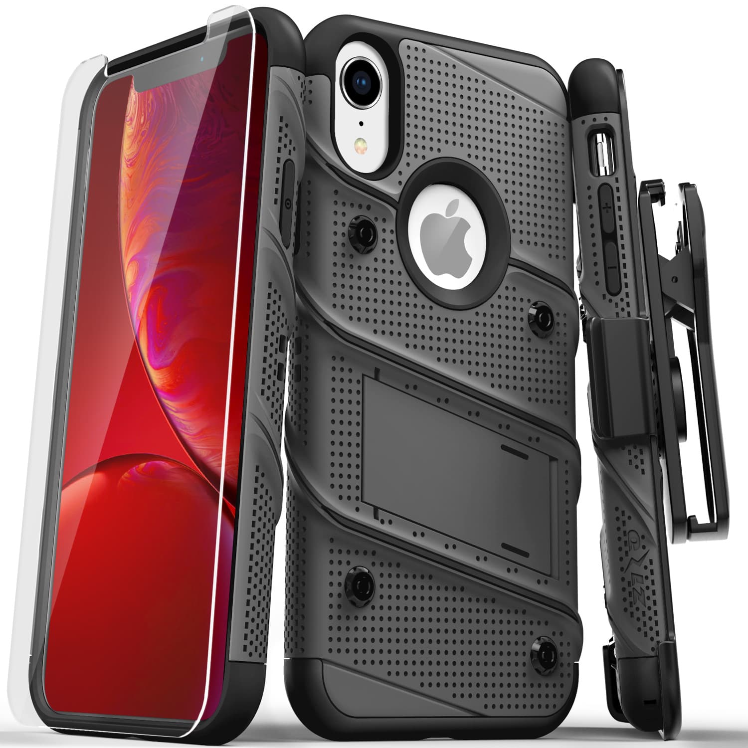 Picture of For iPhone XR - BOLT Case with Built In Kickstand Holster and Tempered Glass Screen Protector (Metal Gray/Black)