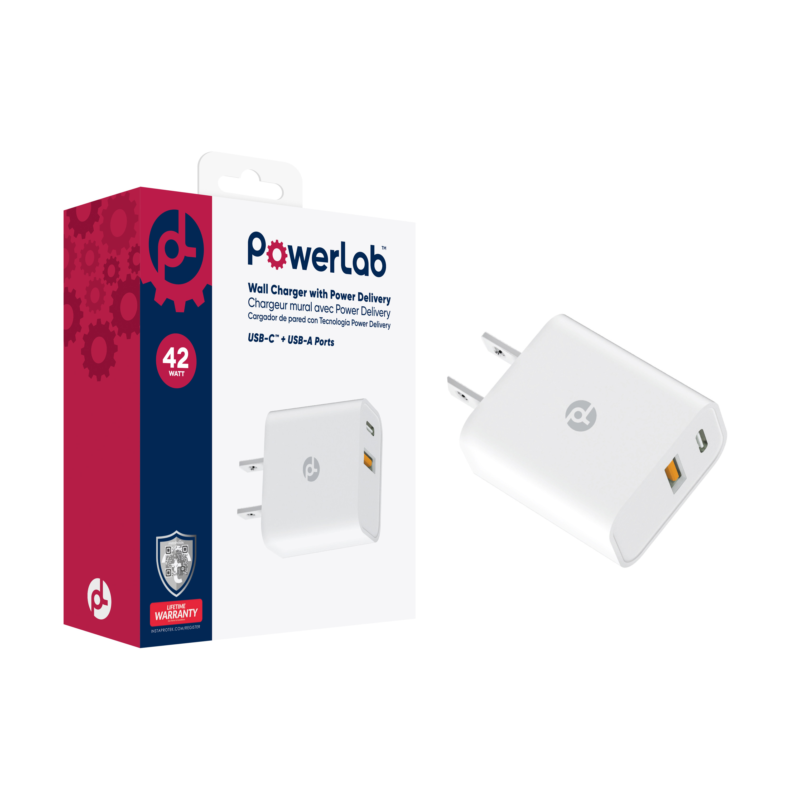 Picture of PowerLab 42W Dual Port USB-C / USB-A Wall Charger - White