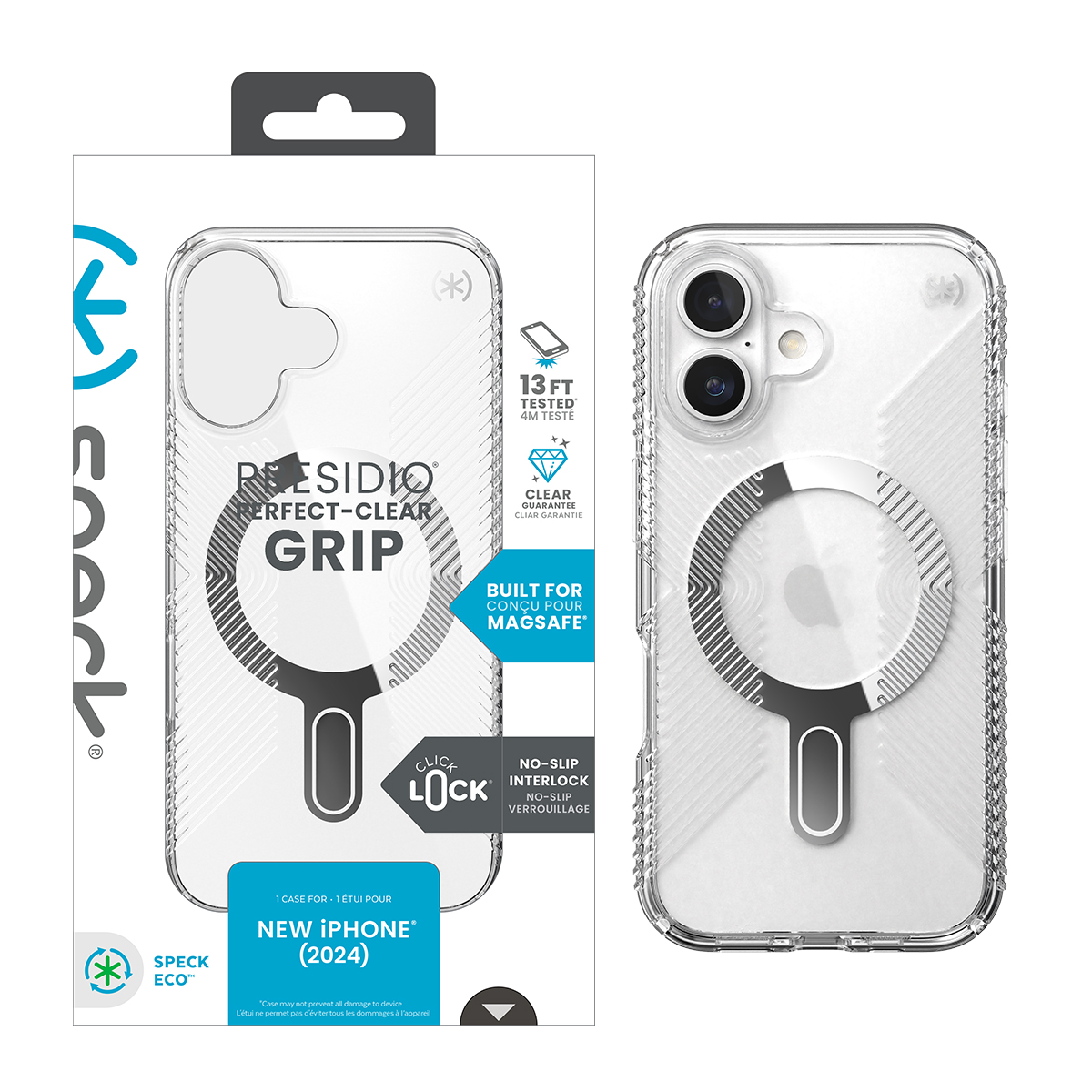 Picture of Speck Apple iPhone 16 PRESIDIO PERFECT CLEAR GRIP+ CL CLEAR/CLEAR/CHROME FINISH/SERENE SILVER