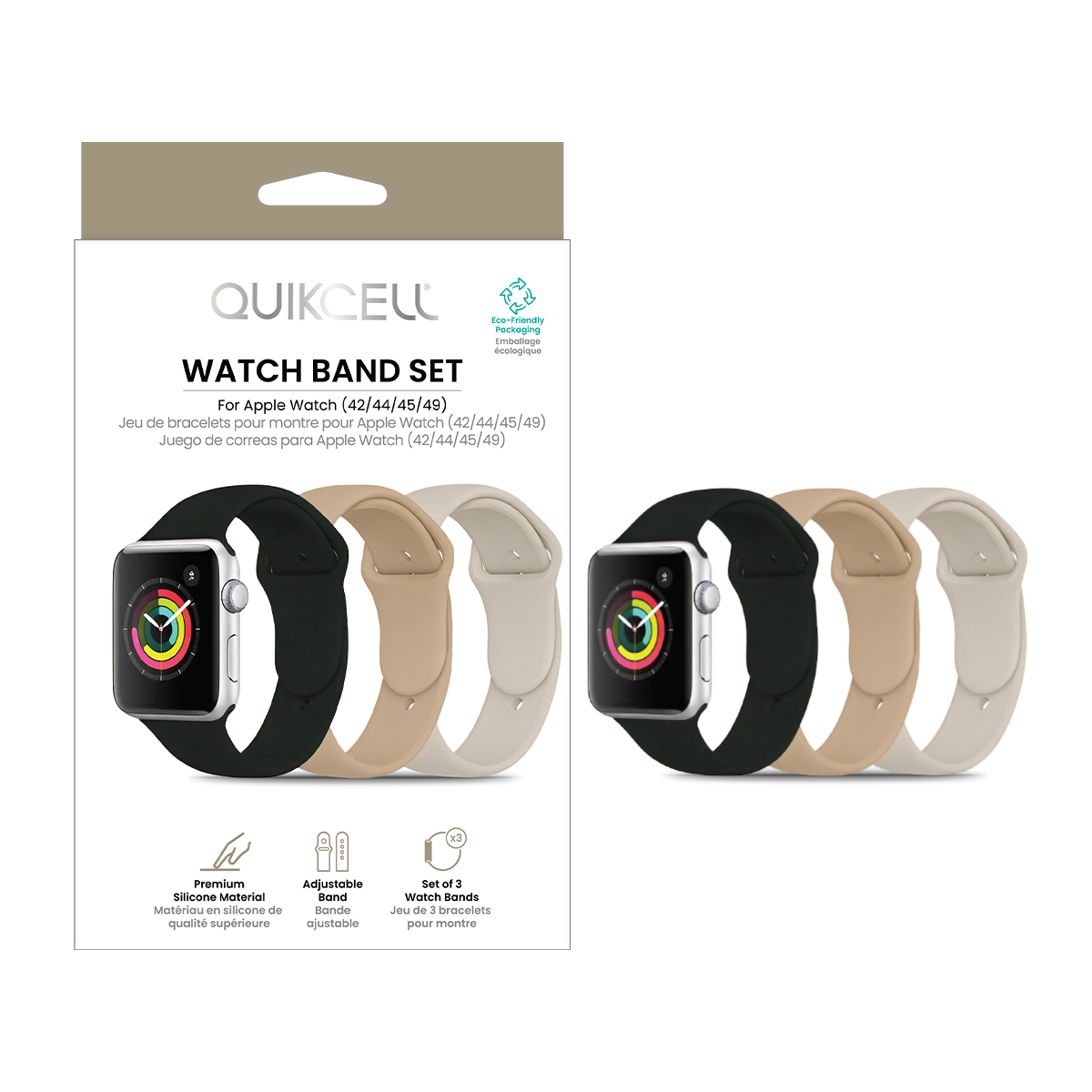 Picture of Quikcell Apple Watch Size 42/44/45/49 Band-3 Pack -Black,Walnut,Starlight 
