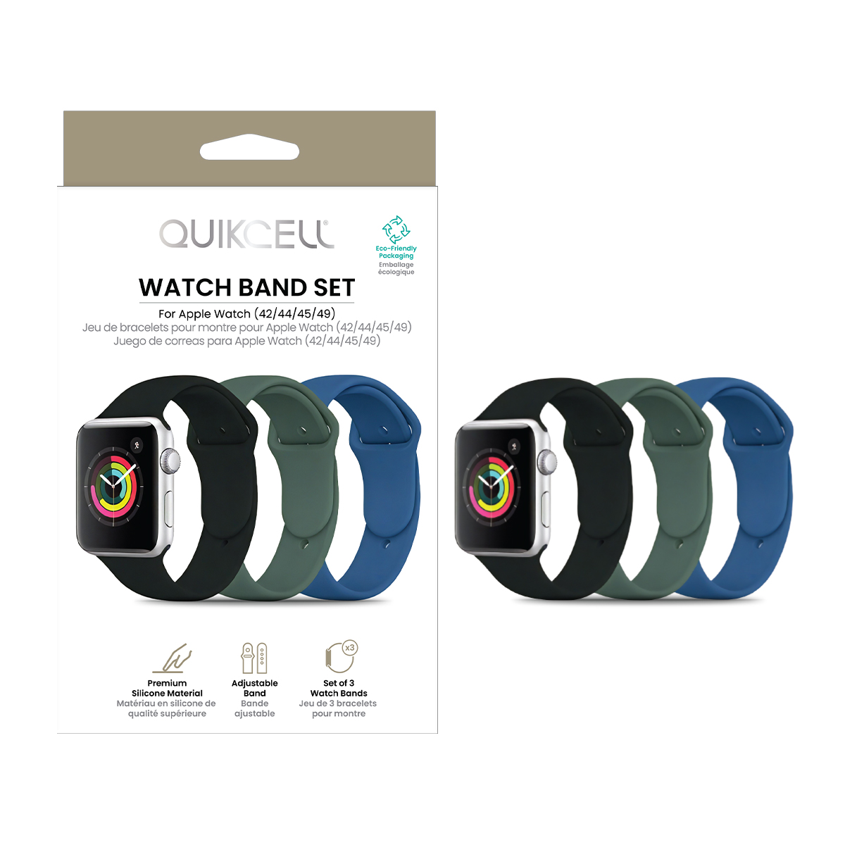 Picture of Quikcell Apple Watch Size 42/44/45/49 Band -3 Pack -Black,Green,Deep Blue 
