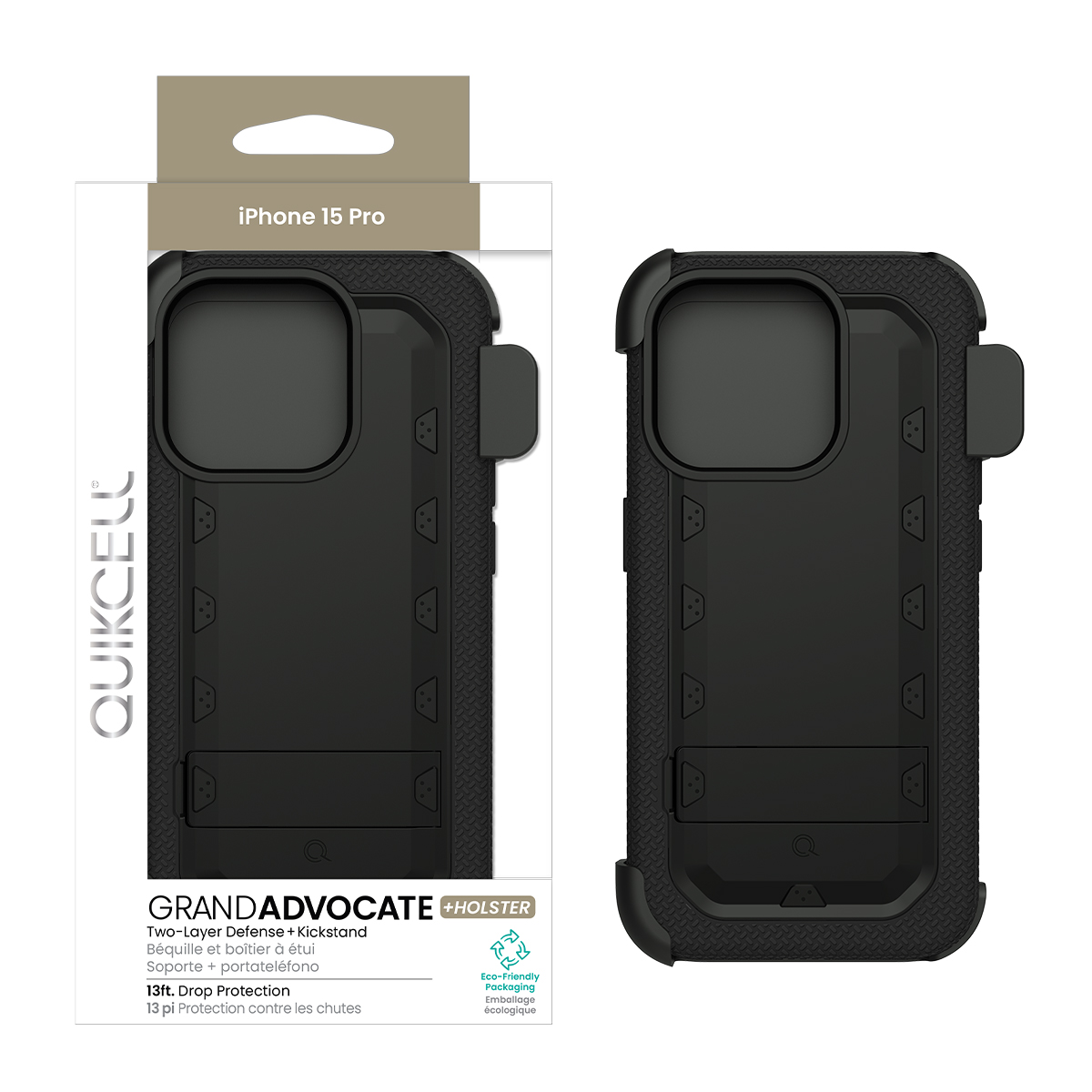 Picture of Quikcell Apple iPhone 15 Pro ADVOCATE + HOLSTER Dual-Layer Protective Kickstand Case and Holster – Armor Black