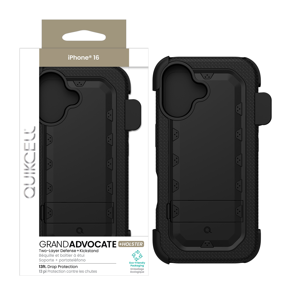 Picture of Quikcell Apple iPhone 16 ADVOCATE + HOLSTER Dual-Layer Protective Kickstand Case and Holster – Armor Black