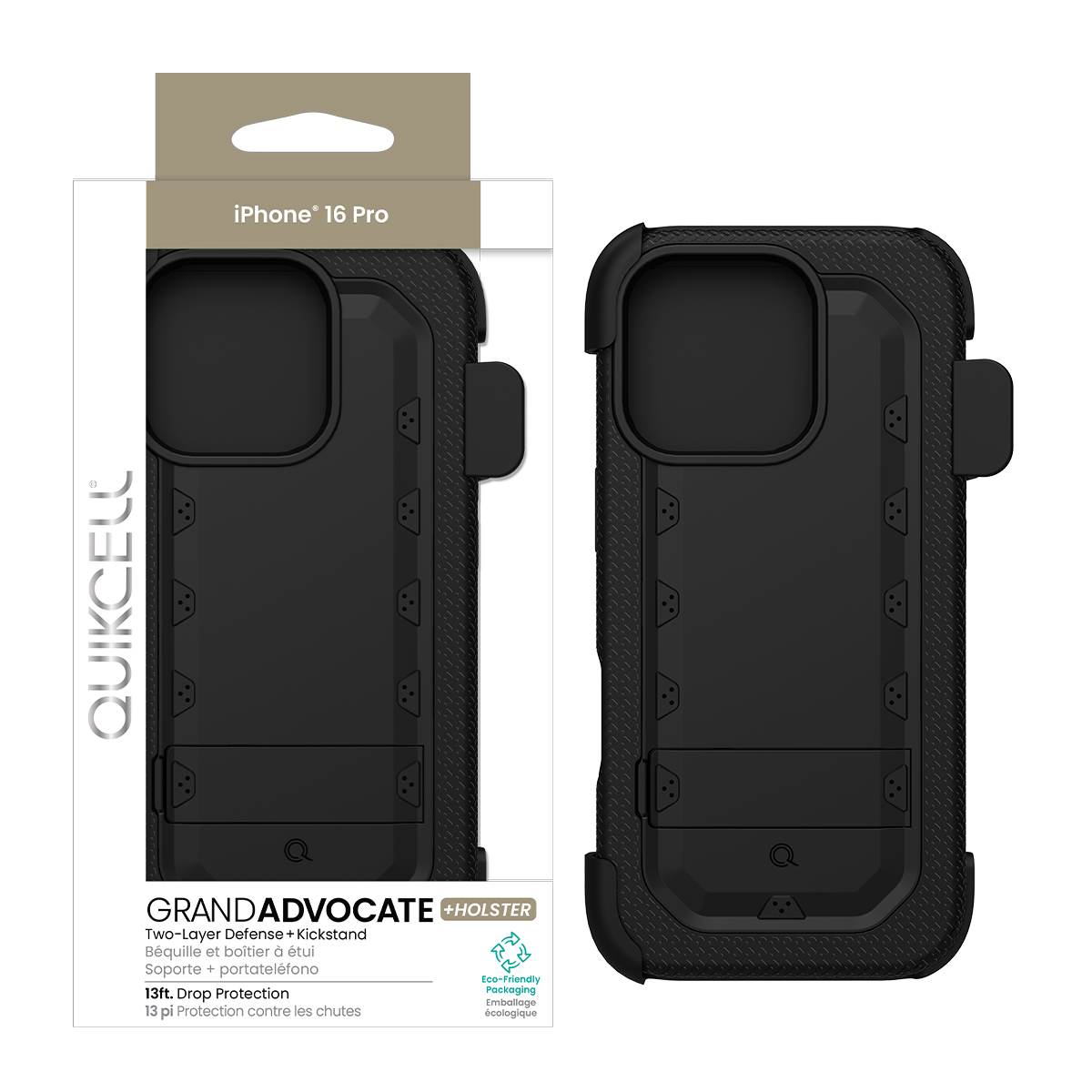 Picture of Quikcell Apple iPhone 16 Pro ADVOCATE + HOLSTER Dual-Layer Protective Kickstand Case and Holster – Armor Black