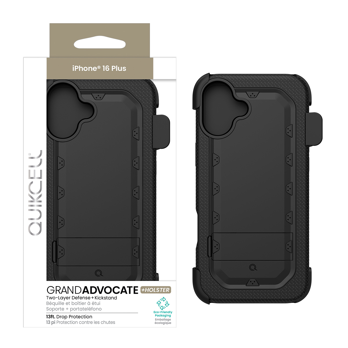 Picture of Quikcell Apple iPhone 16 Plus ADVOCATE + HOLSTER Dual-Layer Protective Kickstand Case and Holster – Armor Black