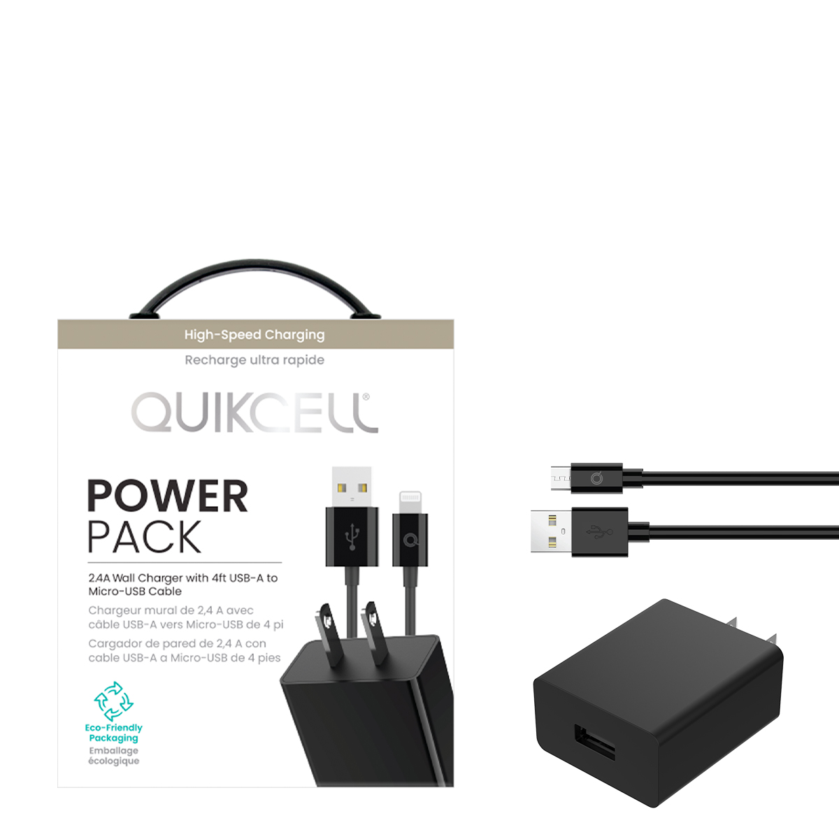 Picture of Quikcell POWER PACK 2.4A Wall Charger + 4ft USB-A to MicroUSB Cable - Black