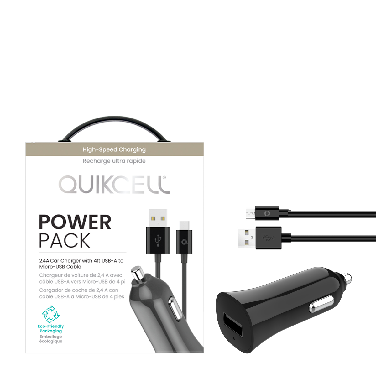 Picture of Quikcell POWER PACK 2.4A Car Charger + 4ft USB-A to MicroUSB Cable - Black