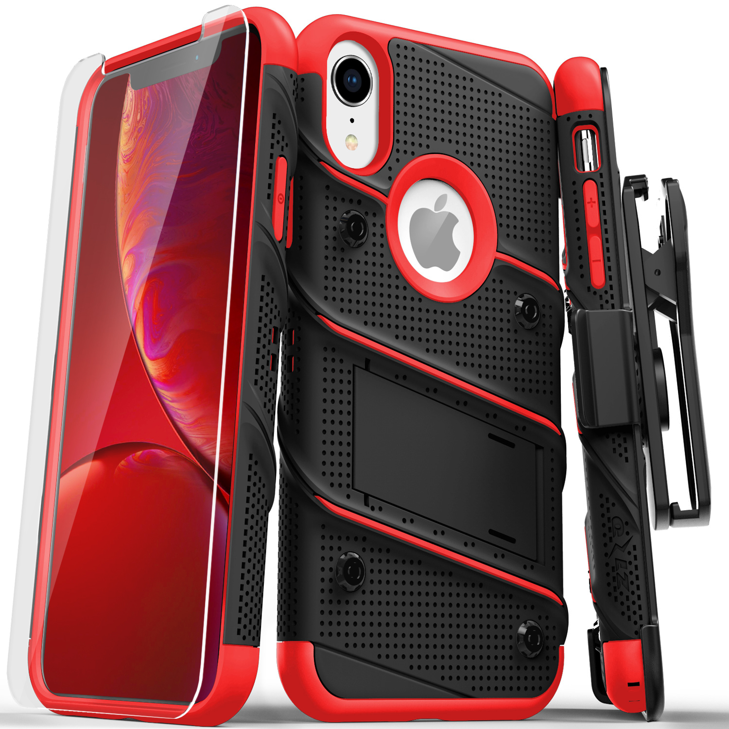 Picture of For iPhone XR - BOLT Case with Built In Kickstand Holster and Tempered Glass Screen Protector (Black/Red)