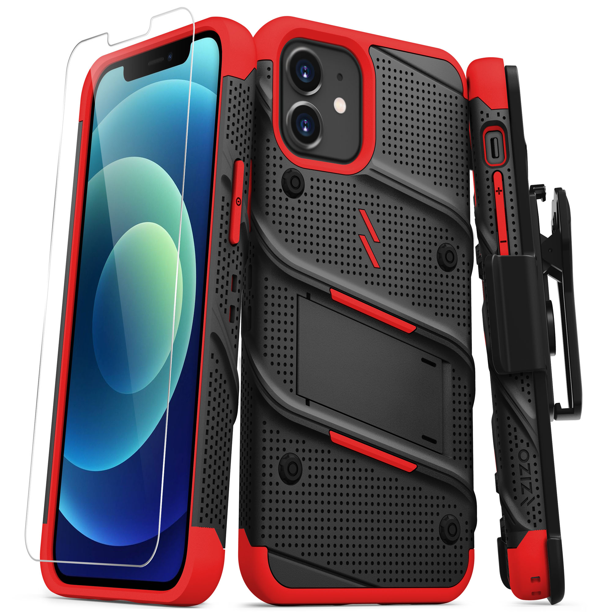 Picture of ZIZO BOLT Series iPhone 12 / iPhone 12 Pro Case with Tempered Glass - Black & Red