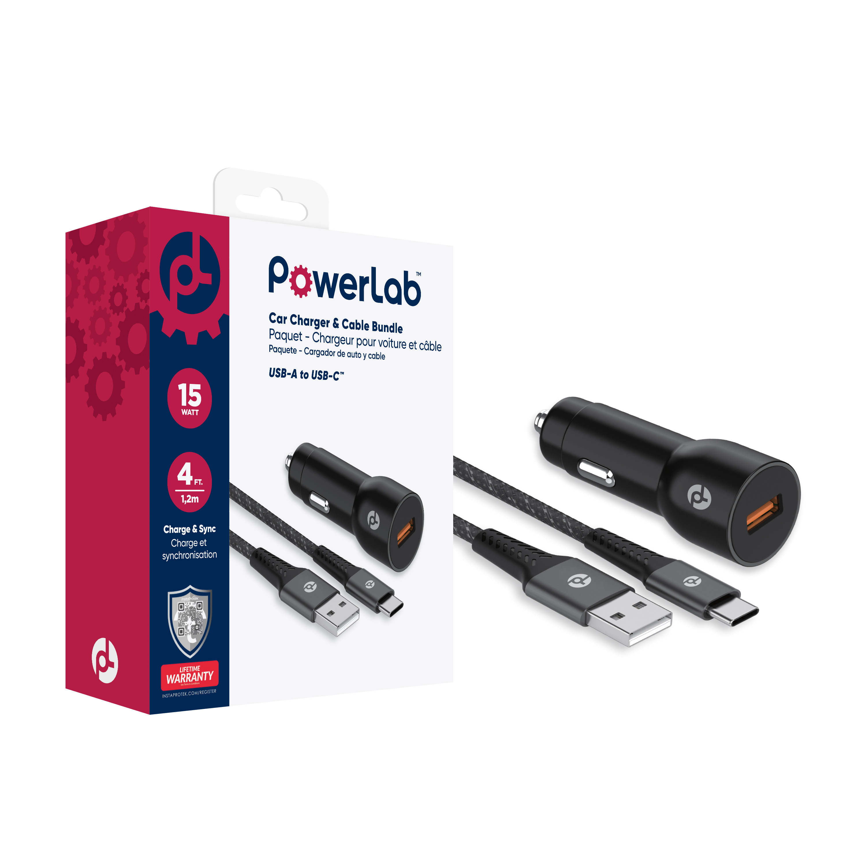 Picture of PowerLab 2in1 Bundle 15W USB-A Car Charger with 4ft USB-A to C Cable - Black