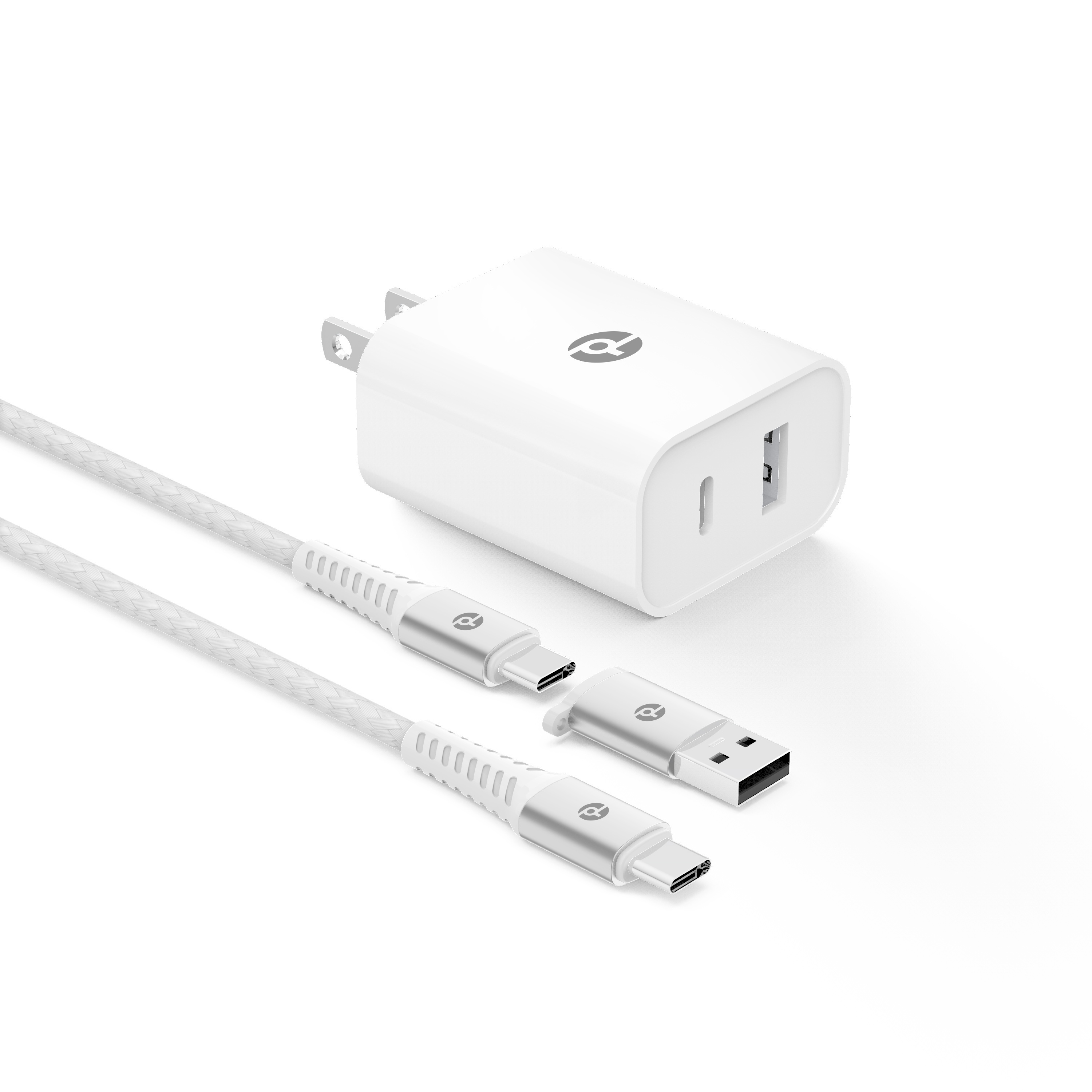 Picture of PowerLab 32W Dual Port Wall Charger Bundle + USB-C Cable + USB-A Adapter - White