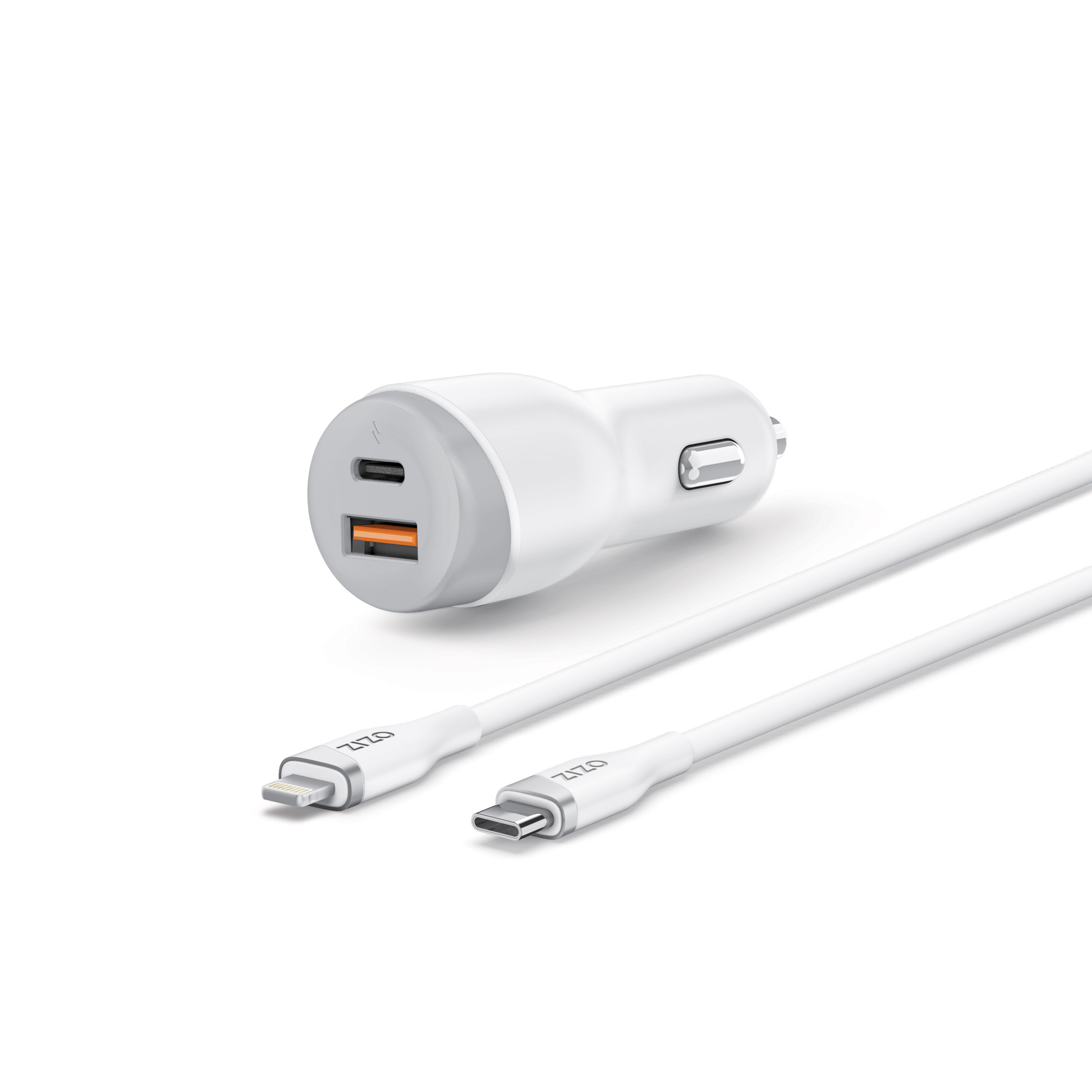 Picture of ZIZO PowerVault 30W Dual Port Car Charger Bundle + Lightning to USB-C Cable + USB-A Adapter - White