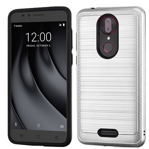 Picture of Asmyna Brushed Hybrid Protector Cover (with Carbon Fiber Accent) for Coolpad C3701A (Revvl Plus) / TMobile Revvl Plus - Silver / Black