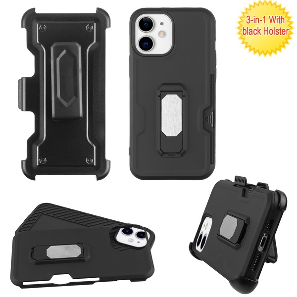 Picture of Asmyna Grip Stand Protector Case Combo (with Black Holster)(with Card Wallet) for Apple iPhone 12 mini (5.4) - Black / Black