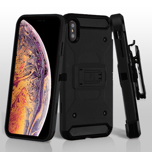 Picture of Asmyna Kinetic Hybrid Protector Cover Combo (with Black Holster) for Apple iPhone XS Max - Black / Black