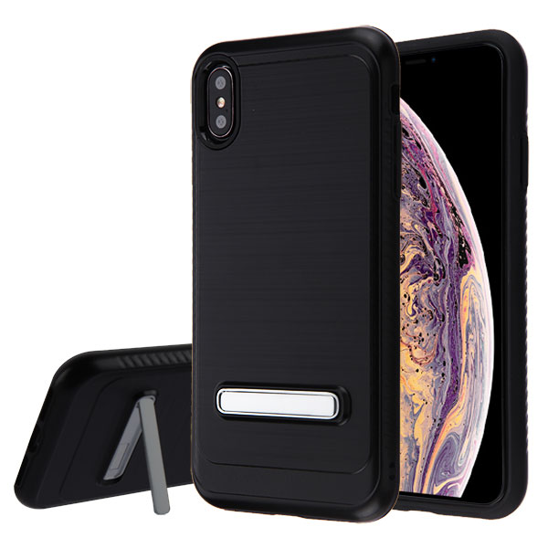 Picture of Asmyna Hybrid Protector Cover (with Magnetic Metal Stand) for Apple iPhone XS Max - Black Brushed & Carbon Fiber Accent / Black