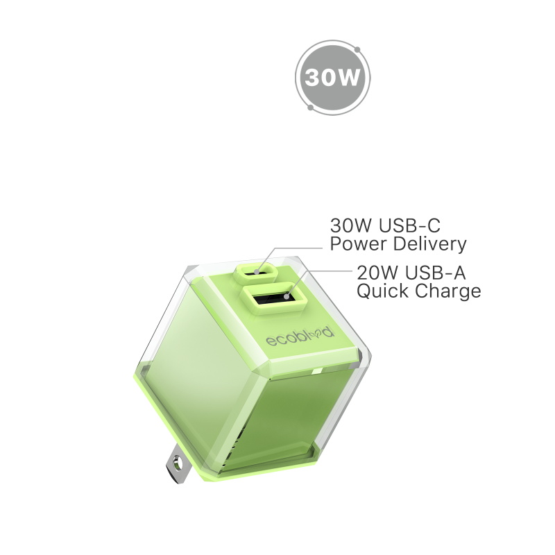 Picture of EcoBlvd PowerPlant Dual Port Wall Charger (Power Delivery & QC3.0)(30W) - Green