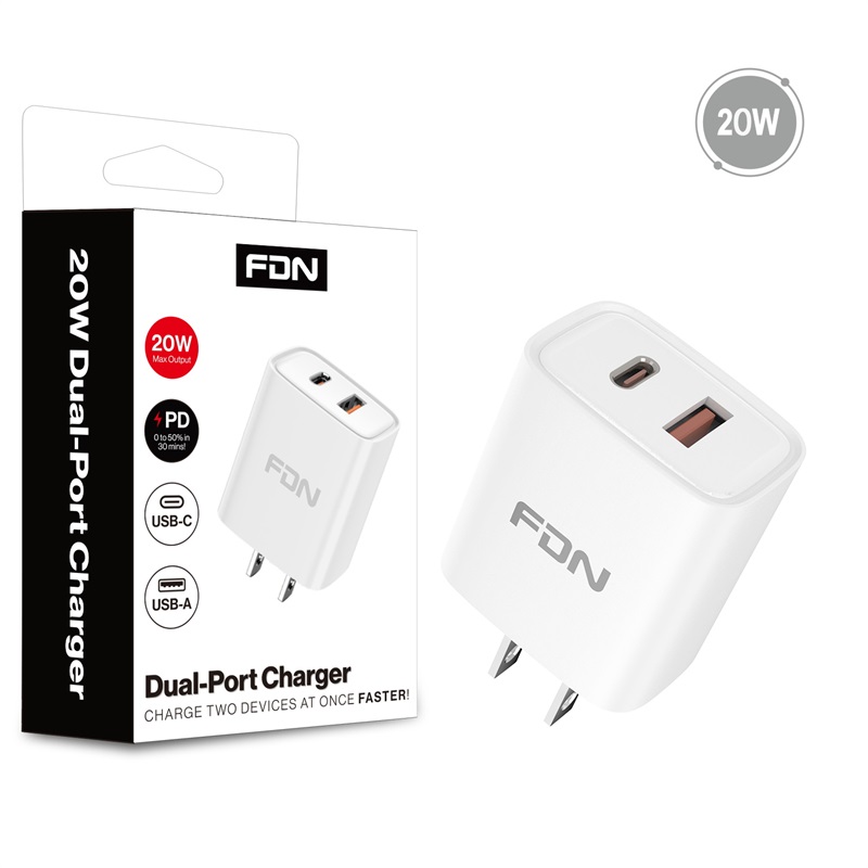 Picture of FDN 20W Dual-Port Wall Charger (USB-C + USB-A) - White