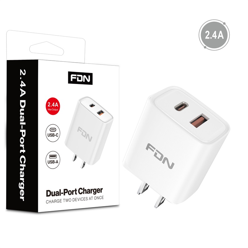 Picture of FDN 2.4A Dual-Port Wall Charger (USB-C + USB-A) - White