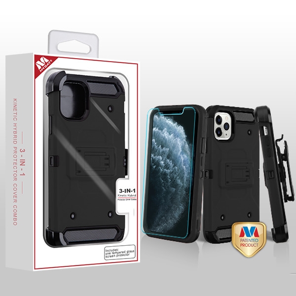 Picture of MyBat 3-in-1 Kinetic Hybrid Protector Cover Combo (with Black Holster)(Tempered Glass Screen Protector) for Apple iPhone 11 Pro - Black / Black