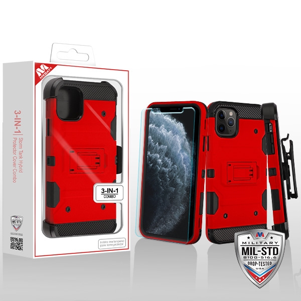 Picture of MyBat 3-in-1 Storm Tank Hybrid Protector Cover Combo (with Black Holster)(Tempered Glass Screen Protector)[Military-Grade Certified] for Apple iPhone 11 Pro - Red / Black