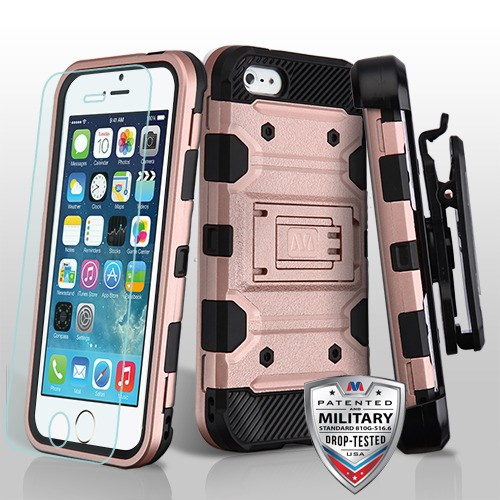 Picture of MyBat 3-in-1 Storm Tank Hybrid Protector Cover Combo (with Black Holster)(Tempered Glass Screen Protector)[Military-Grade Certified] for Apple iPhone 5s/5 / SE - Rose Gold / Black