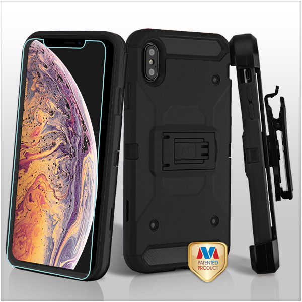 Picture of MyBat 3-in-1 Kinetic Hybrid Protector Cover Combo (with Black Holster)(Tempered Glass Screen Protector) for Apple iPhone XS Max - Black / Black