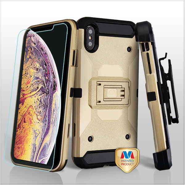 Picture of MyBat 3-in-1 Kinetic Hybrid Protector Cover Combo (with Black Holster)(Tempered Glass Screen Protector) for Apple iPhone XS Max - Gold / Black