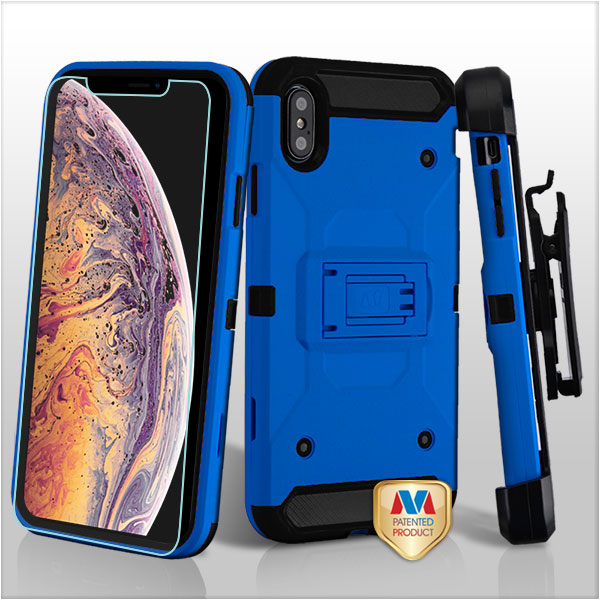 Picture of MyBat 3-in-1 Kinetic Hybrid Protector Cover Combo (with Black Holster)(Tempered Glass Screen Protector) for Apple iPhone XS Max - Blue / Black