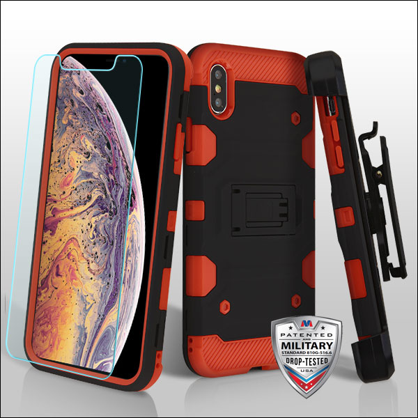 Picture of MyBat 3-in-1 Storm Tank Hybrid Protector Cover Combo (with Black Holster)(Tempered Glass Screen Protector)[Military-Grade Certified] for Apple iPhone XS Max - Black / Red