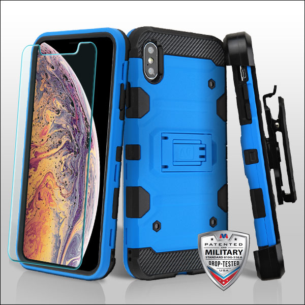 Picture of MyBat 3-in-1 Storm Tank Hybrid Protector Cover Combo (with Black Holster)(Tempered Glass Screen Protector)[Military-Grade Certified] for Apple iPhone XS Max - Blue / Black