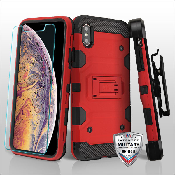 Picture of MyBat 3-in-1 Storm Tank Hybrid Protector Cover Combo (with Black Holster)(Tempered Glass Screen Protector)[Military-Grade Certified] for Apple iPhone XS Max - Red / Black