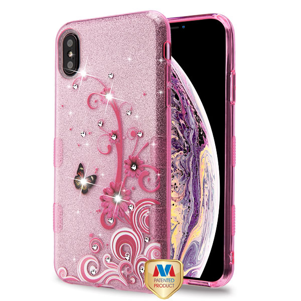 Picture of MyBat Full Glitter TUFF Series Case for Apple iPhone XS Max - Butterfly Flowers (Pink) Diamante