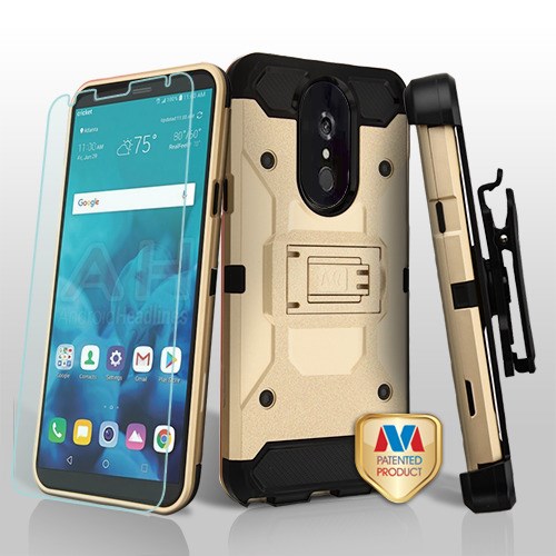 Picture of MyBat 3-in-1 Kinetic Hybrid Protector Cover Combo (with Black Holster)(Tempered Glass Screen Protector) for Lg Stylo 4 / Stylo 4 Plus - Gold / Black