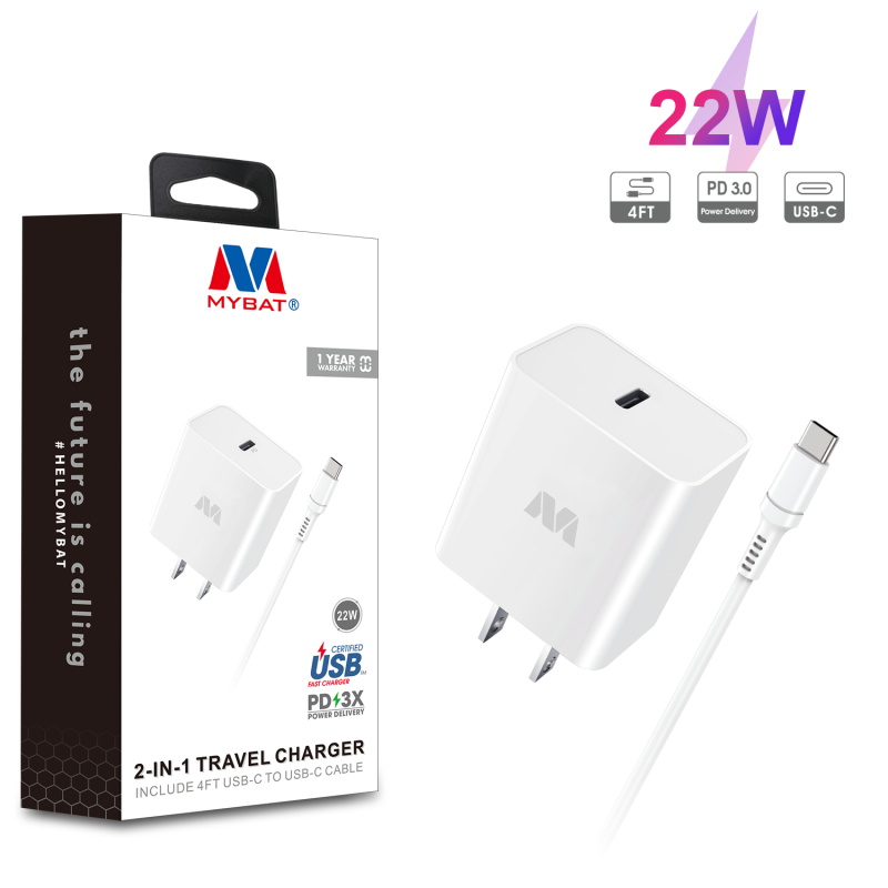 Picture of MyBat 2-in-1 22W Travel Charger with 4ft USB-C to USB-C Cable - White