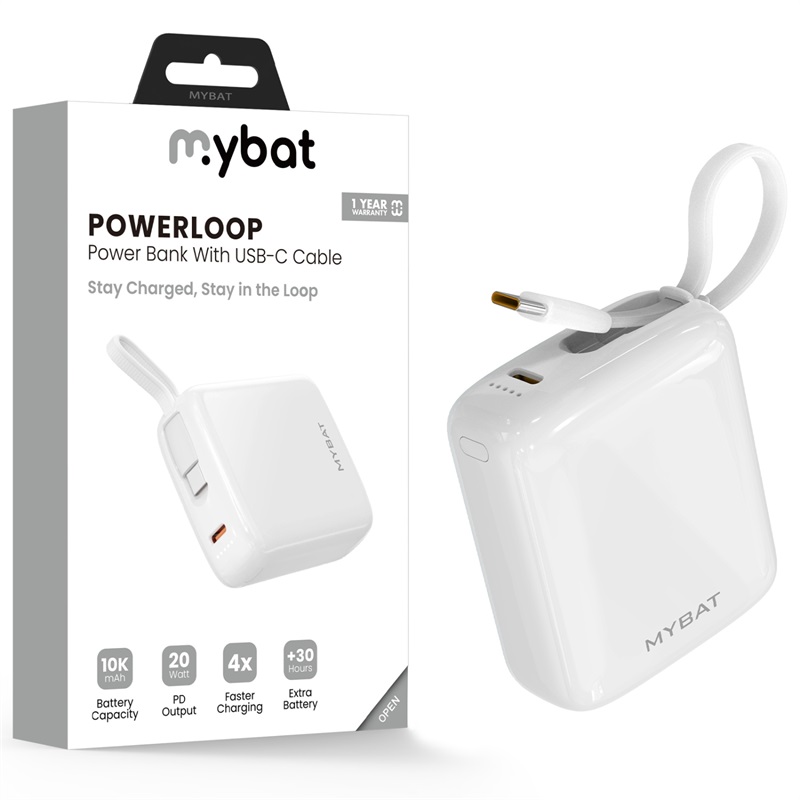 Picture of MyBat 10000mAh PowerLoop Power Bank with USB-C Cable - White