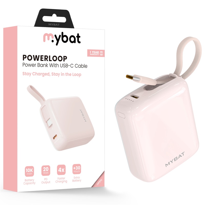 Picture of MyBat 10000mAh PowerLoop Power Bank with USB-C Cable - Pink