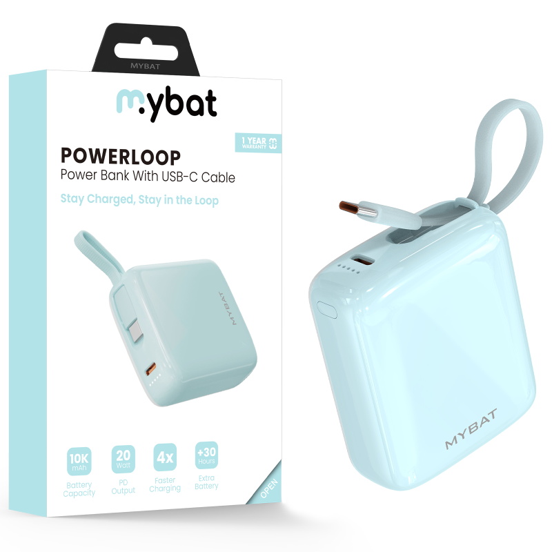 Picture of MyBat 10000mAh PowerLoop Power Bank with USB-C Cable - Mint