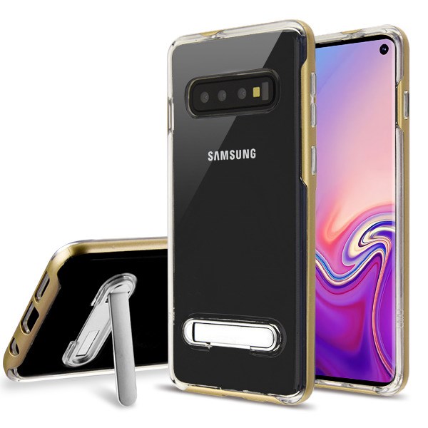 Picture of Airium Hybrid Protector Cover (with Magnetic Metal Stand) for Samsung Galaxy S10 - Gold / Transparent Clear