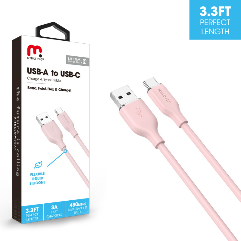 Picture of MyBat Pro USB-A to USB-C Liquid Silicone Cable (L=3 FT) - Pink