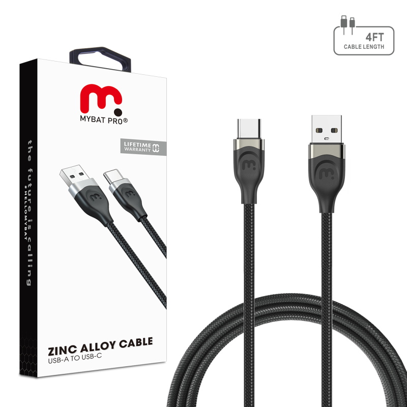 Picture of MyBat Pro USB-A to USB-C Zinc Alloy Quick Charging Cable - 4 FT – Black