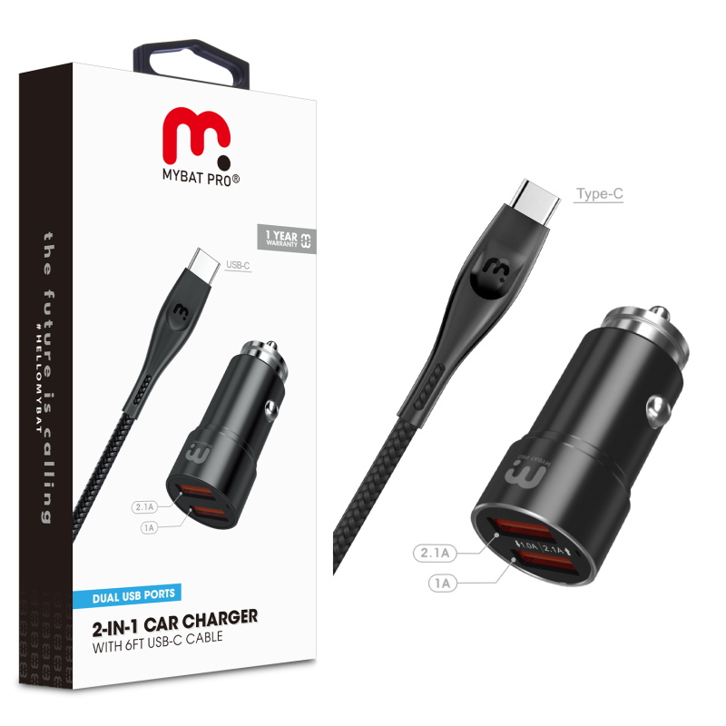 Picture of MyBat Pro 2-in-1 Car Charger with 6ft Type-C USB Cable - Black