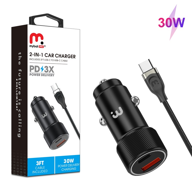 Picture of MyBat Pro 2-in-1 Dual Port Quick Power Delivery Car Charger (30W) With USB-C Cable- Black