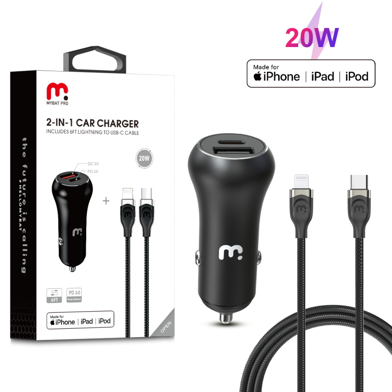 Picture of MyBat Pro 2-in-1  Dual Port Quick Power Delivery Car Charger (20W) With USB-C to MFi Lightning Cable - Black