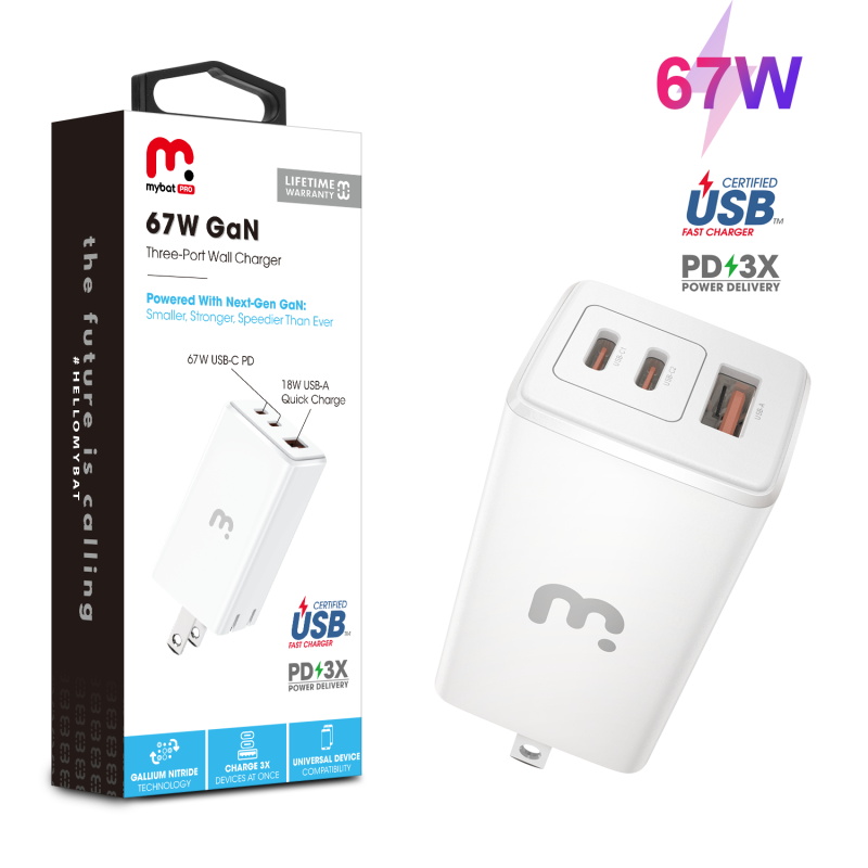 Picture of MyBat Pro 67W GaN Three-Port Wall Charger - White