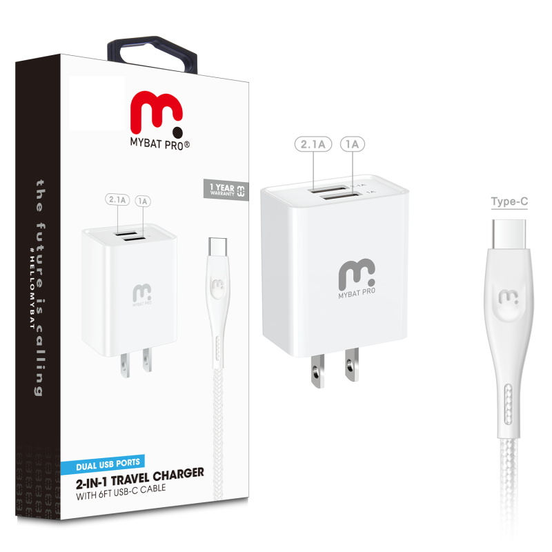 Picture of MyBat Pro 2-in-1 Travel Charger with 6ft Type-C USB Cable - White