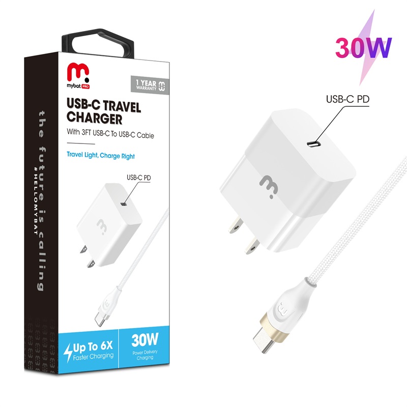 Picture of MyBat Pro 2-In-1 Fast Charging Power Delivery Wall Charger (30W) with USB-C Cable - White