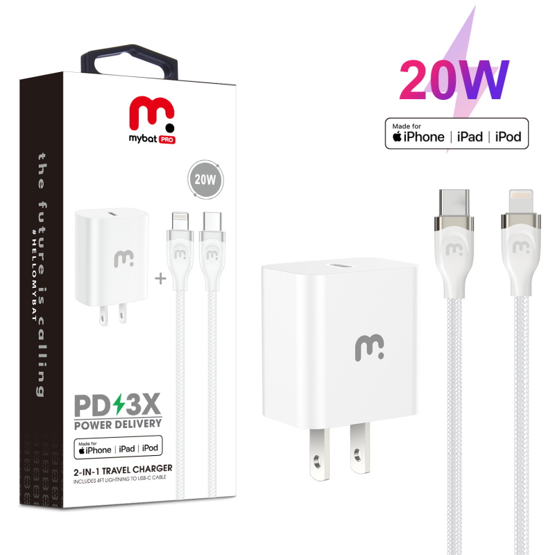 Picture of MyBat Pro 2-In-1 Fast Charging Power Delivery Wall Charger (20W) with USB-C to MFi Lightning Cable - White