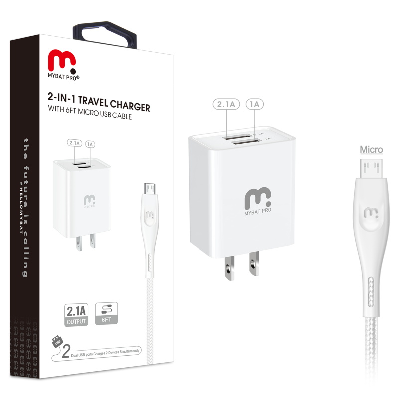 Picture of MyBat Pro 2-in-1 Travel Charger with 6ft Micro USB Cable - White