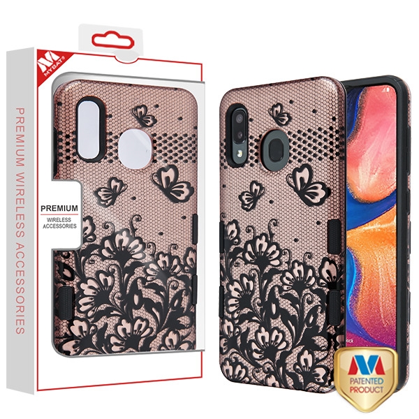 Picture of MyBat TUFF Subs Series Case for Samsung Galaxy A20 - Black Lace Flowers (2D Rose Gold) / Black